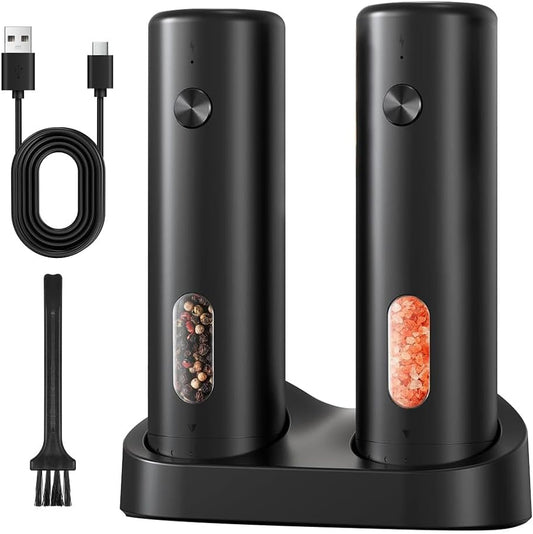Electric Salt and Pepper Grinder Set With Rechargeable Base, Refillable Pepper Mill Set With LED Light & Adjustable Coarseness, Ideal For Kitchen, Outdoor, BBQ & Gift Giving