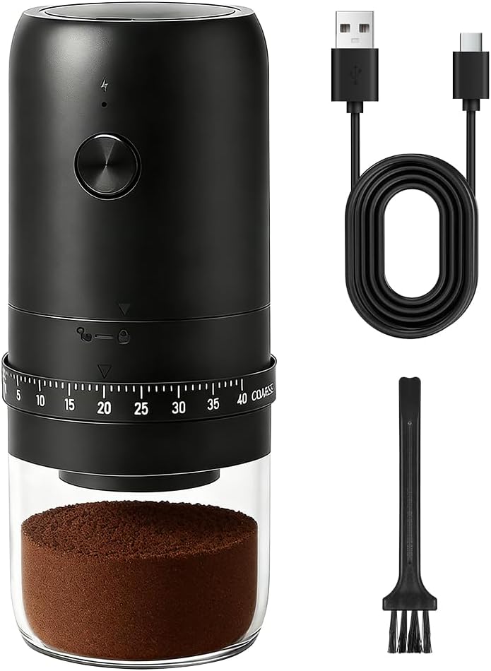 Portable Electric Burr Coffee Grinder with 40 Adjustable Settings & External Adjustment, 1800mAh Rechargeable Base Coffee Bean Grinder with Conical Ceramic Burr for Travel, Camping, Home & Office Use