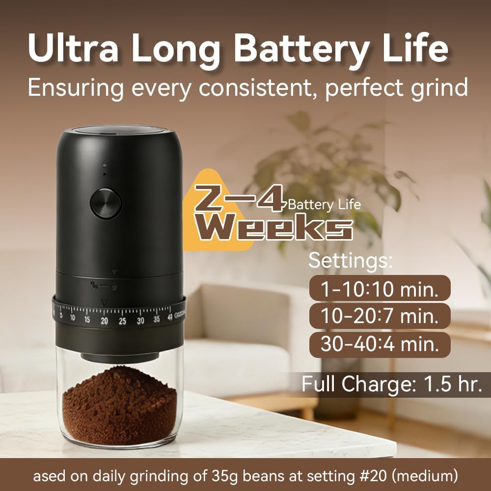 Portable Electric Burr Coffee Grinder with 40 Adjustable Settings & External Adjustment, 1800mAh Rechargeable Base Coffee Bean Grinder with Conical Ceramic Burr for Travel, Camping, Home & Office Use