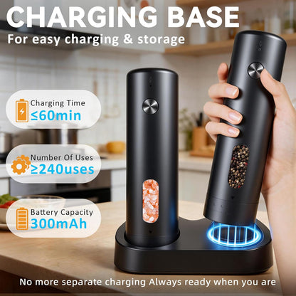 Electric Salt and Pepper Grinder Set With Rechargeable Base, Refillable Pepper Mill Set With LED Light & Adjustable Coarseness, Ideal For Kitchen, Outdoor, BBQ & Gift Giving