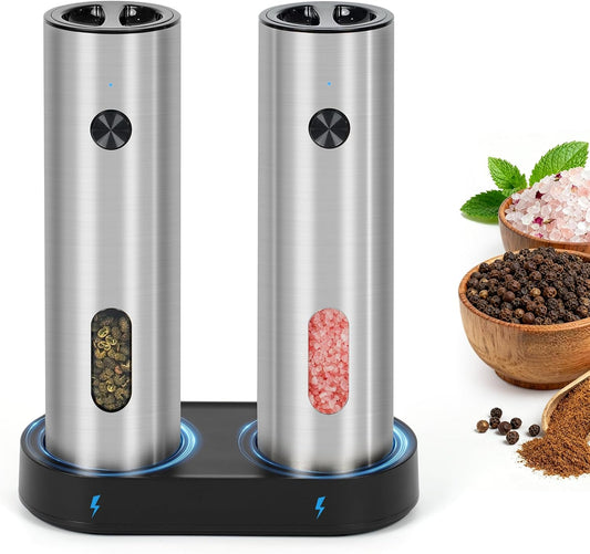 Electric Salt and Pepper Grinder- Upgraded 110ml Larger Capacity Electric Saltand Pepper Grinder Set with Rechargeable Base with LED Light & 5 Adjustable Coarseness, Ideal for Kitchen, Outdoor, BBQ