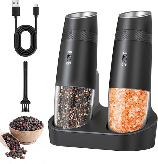 Gravity Electric Salt and Pepper Grinder Set Automatic Shakers Upgraded Pepper Mill with Rechargeable Base, External Adjustable Coarseness, LED Light, Easy Refill for Kitchen & Outdoor, Gift Giving