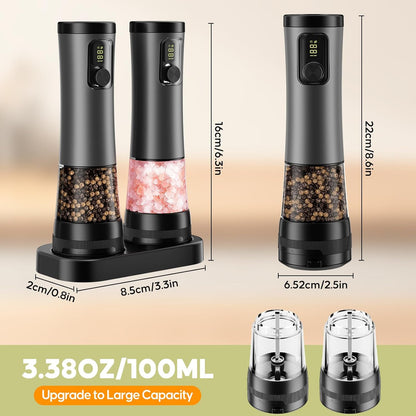 Electric Salt and Pepper Grinder Set - Rechargeable Salt Grinder with Led Power Display - Automatic Pepper Grinder with Storage Base - Pepper Mill with Light for Kitchen