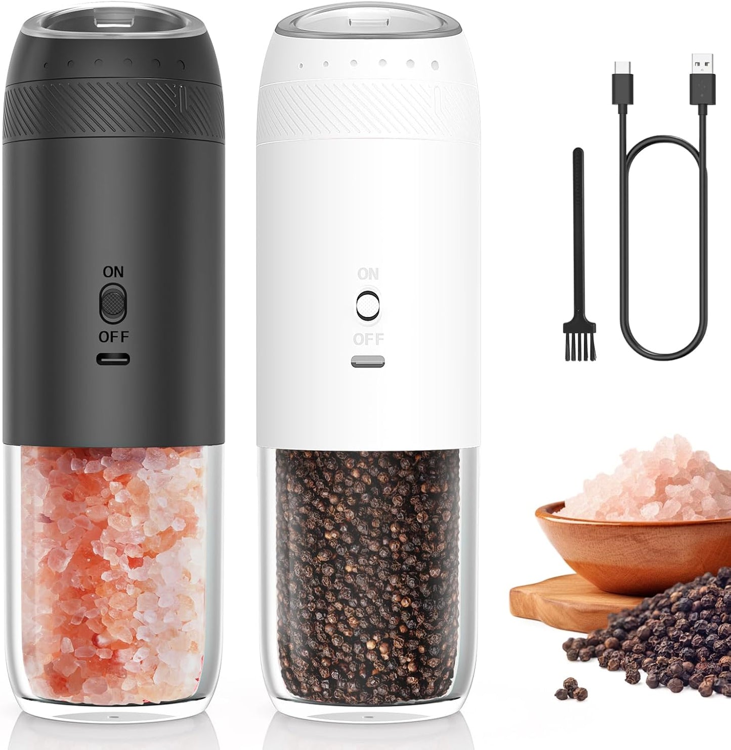 Gravity Electric Salt and Pepper Grinder Set, Automatic Salt and Pepper Mill Sets with LED Light, Type C Charging, Adjustable Coarseness, Large Capacity(2 Pack Black/White)