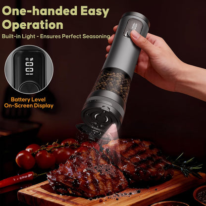 Electric Salt and Pepper Grinder Set - Rechargeable Salt Grinder with Led Power Display - Automatic Pepper Grinder with Storage Base - Pepper Mill with Light for Kitchen