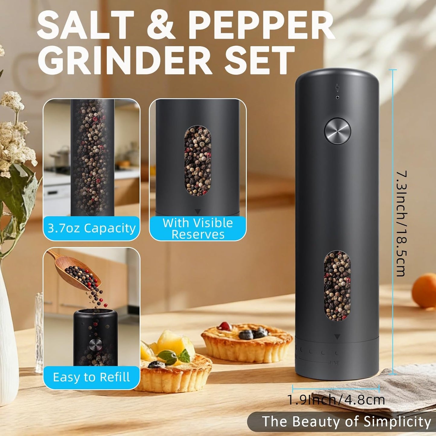 Electric Salt and Pepper Grinder Set With Rechargeable Base, Refillable Pepper Mill Set With LED Light & Adjustable Coarseness, Ideal For Kitchen, Outdoor, BBQ & Gift Giving