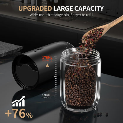 Gravity Electric Salt and Pepper Grinder Set, Automatic Salt and Pepper Mill Sets with LED Light, Type C Charging, Adjustable Coarseness, Large Capacity(2 Pack Black/White)