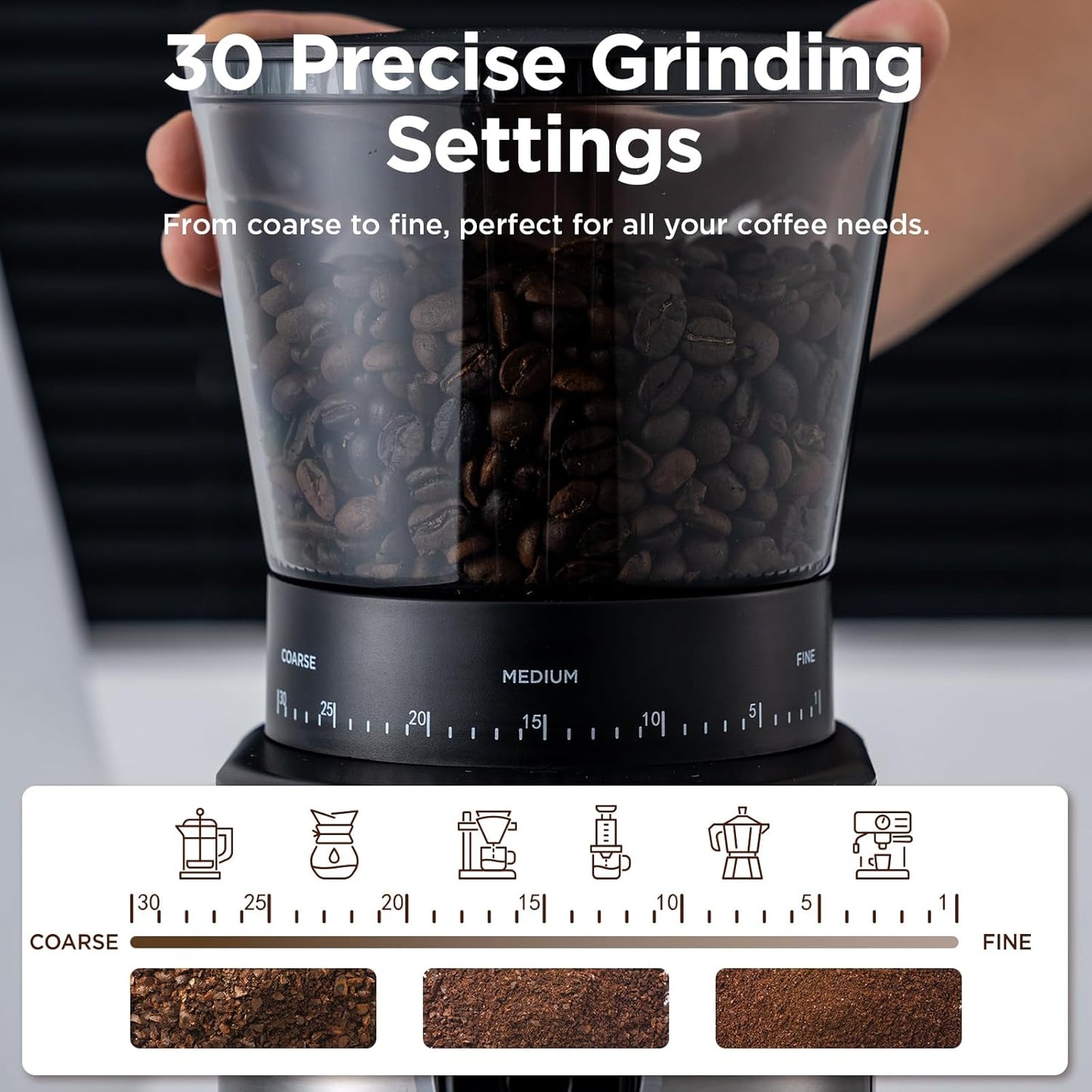Burr Coffee Grinder, Electric Conical Coffee Bean Grinder With 30 Adjustable Grind Settings For 2-12 Cups, Sliver & Black