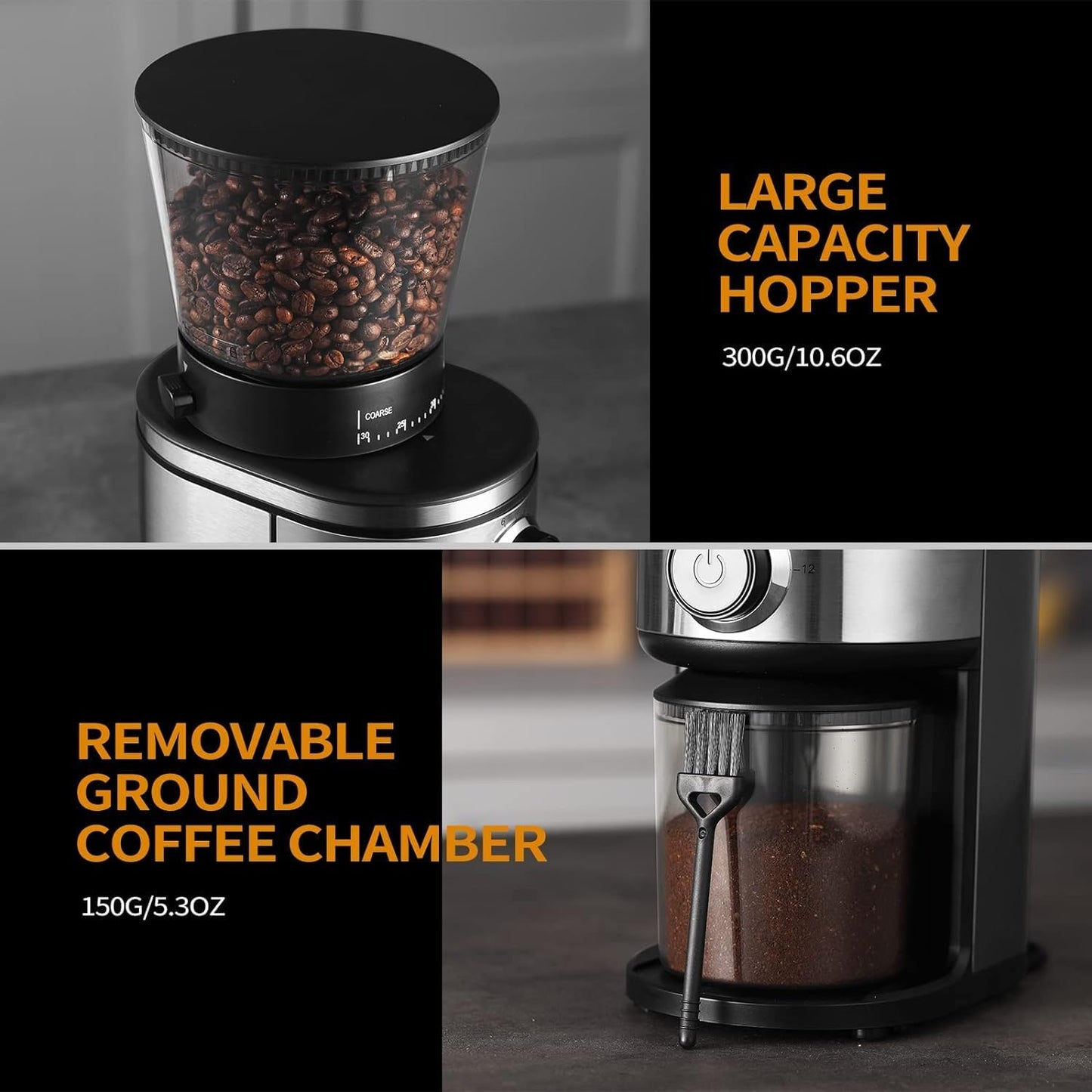 Burr Coffee Grinder, Electric Conical Coffee Bean Grinder With 30 Adjustable Grind Settings For 2-12 Cups, Sliver & Black