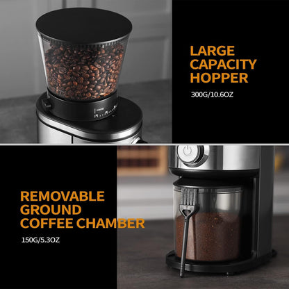 Burr Coffee Grinder, Electric Conical Coffee Bean Grinder With 30 Adjustable Grind Settings For 2-12 Cups, Sliver & Black