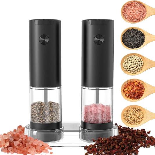 Electric Salt and Pepper Grinder Set: - Battery Powered Pepper Mill Automatic Salt Shakers Adjustable Coarseness White Light One Hand Operation Storage Base