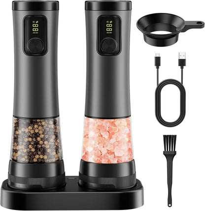 Electric Salt and Pepper Grinder Set - Rechargeable Salt Grinder with Led Power Display - Automatic Pepper Grinder with Storage Base - Pepper Mill with Light for Kitchen