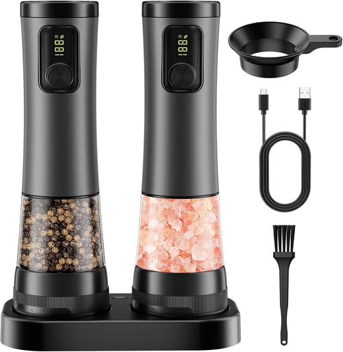 Electric Salt and Pepper Grinder Set - Rechargeable Salt Grinder with Led Power Display - Automatic Pepper Grinder with Storage Base - Pepper Mill with Light for Kitchen