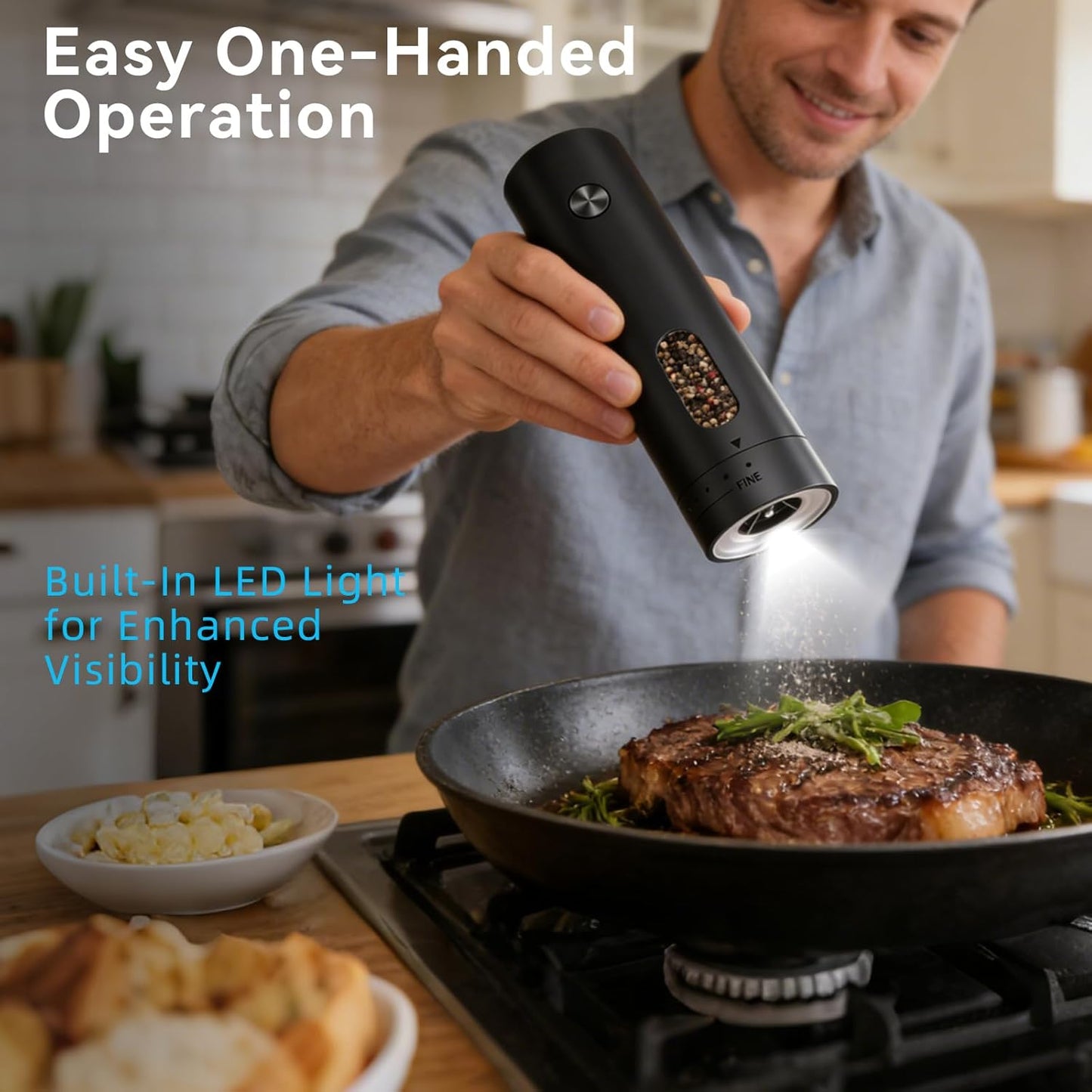 Electric Salt and Pepper Grinder Set With Rechargeable Base, Refillable Pepper Mill Set With LED Light & Adjustable Coarseness, Ideal For Kitchen, Outdoor, BBQ & Gift Giving