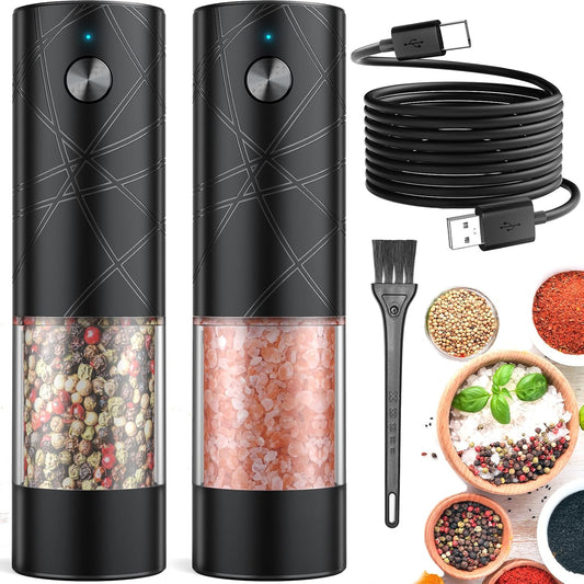 2Pack Electric Salt and Pepper Grinder Set USB Rechargeable with Warm LED Light, Adjustable Coarseness Large Capacity Automatic Salt Pepper Mill Shakers for Kitchen, Restaurant, Upgrade Black