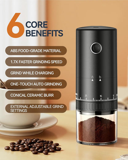 First Grind-While-Charging Rechargeable Coffee Grinder, 1.7X Faster Grinding with 38 External Adjustable Settings, Conical Ceramic Burrs & 2000mAh Battery, Portable for Travel, Camping