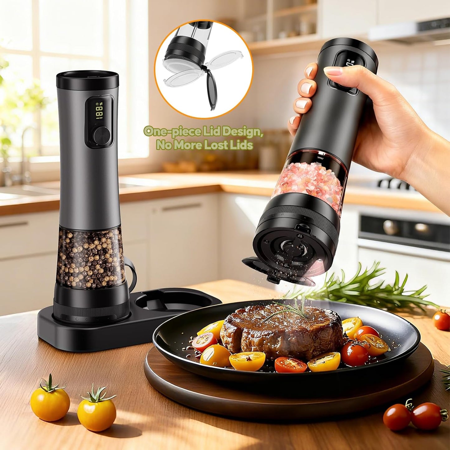 Electric Salt and Pepper Grinder Set - Rechargeable Salt Grinder with Led Power Display - Automatic Pepper Grinder with Storage Base - Pepper Mill with Light for Kitchen